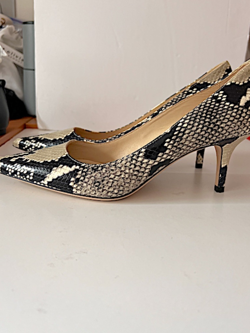 Jimmy Choo Beige/Black Python Embossed Leather Romy Pumps - Picture 5 of 13